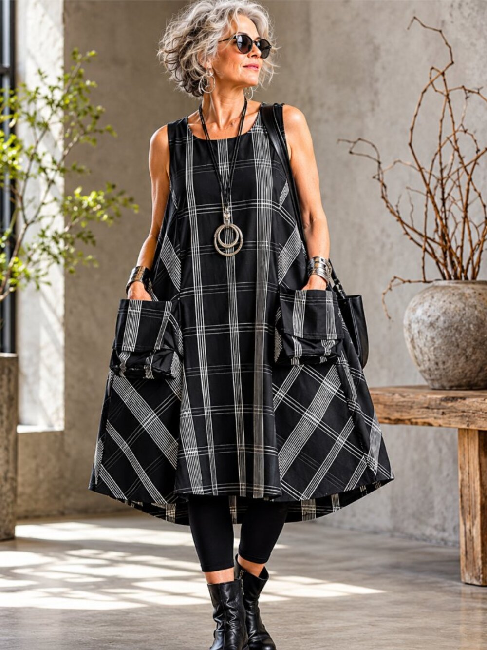 LIV Habitat Memory Crunch Plaid Dress Sculptural Pockets L Artwear Lagenlook